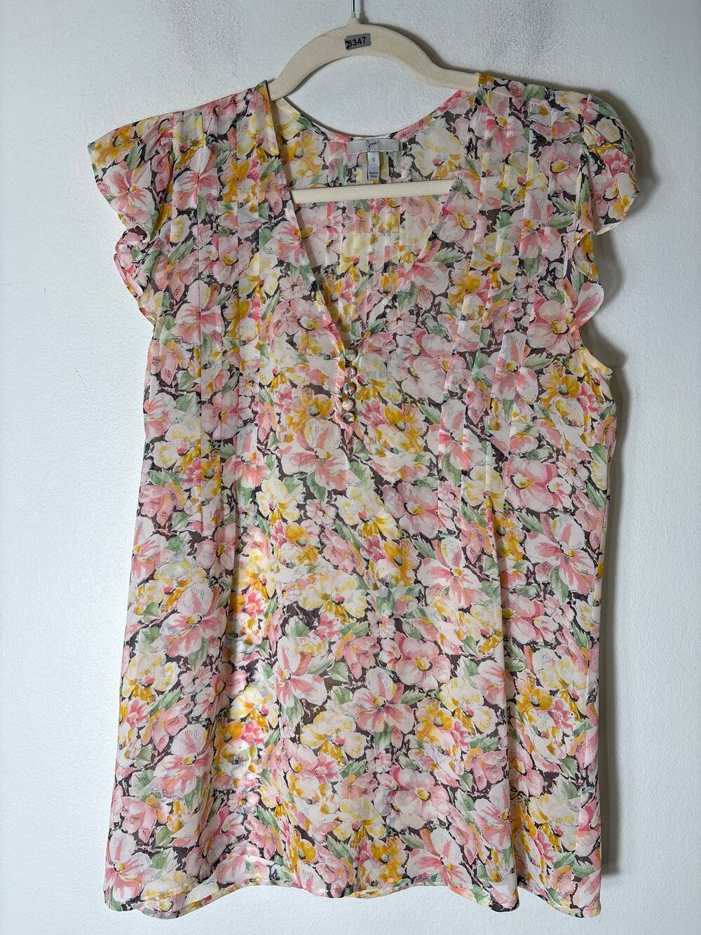 Joie Pink Floral Sheer Flutter Sleeve Silk V-Neck Top Sz S